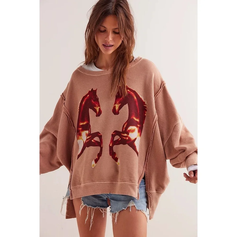 NEW We The Free People Oversized Camden Crew Sweatshirt Mirrored Horses Large/L